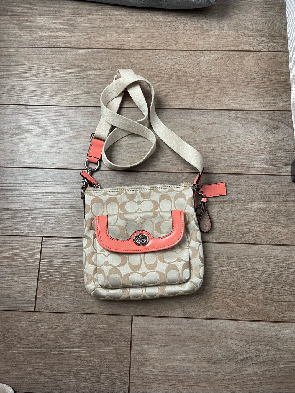 Coach Beige Signature Crossbody with Coral Trim
